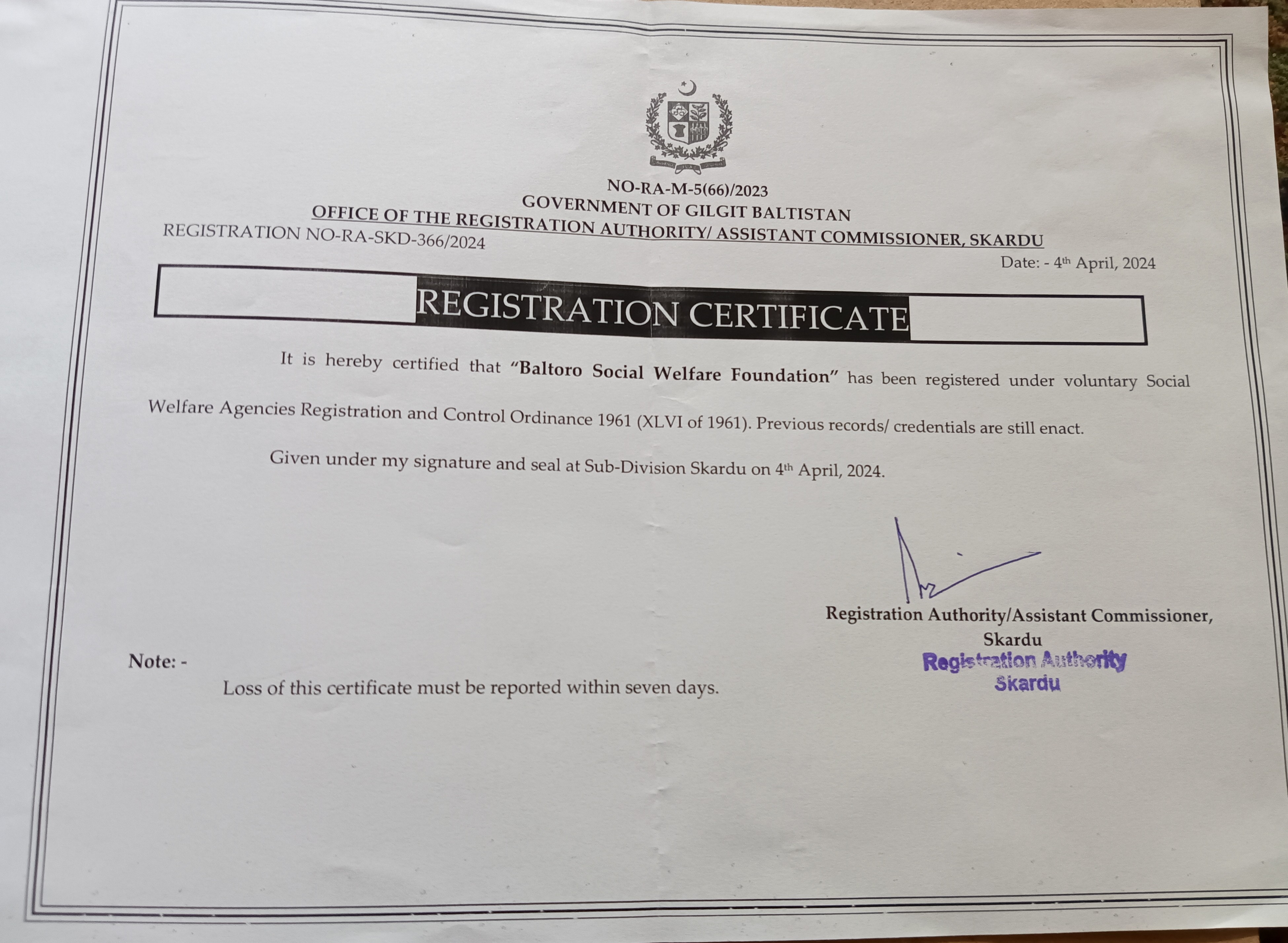 BSW Foundation Registration Certificate